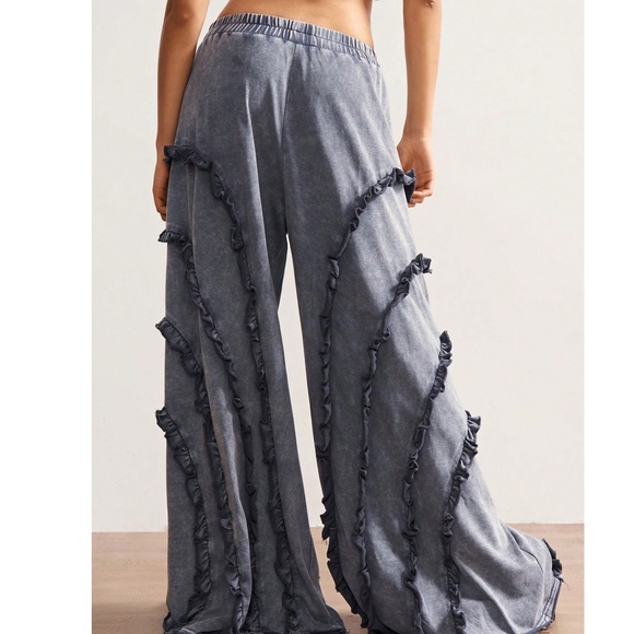Mineral Wash Stretchy Waist Frill Detail Wide leg Pants - Picture 2 of 5